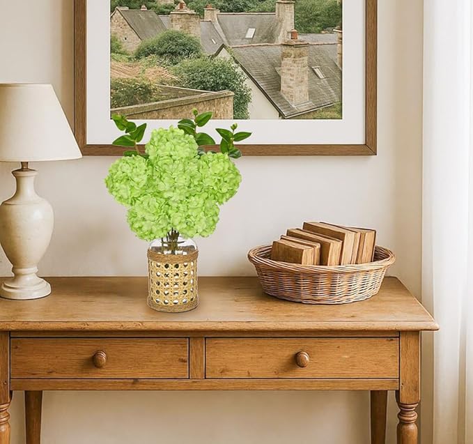 Hollyone Green Hydrangea Artificial Flowers in Woven Glass Vase with Faux Water Silk Hydrangeas Fake Flowers Floral Arrangement for Home Indoor Bathroom Kitchen Office Table Centerpiece Shelf Decor