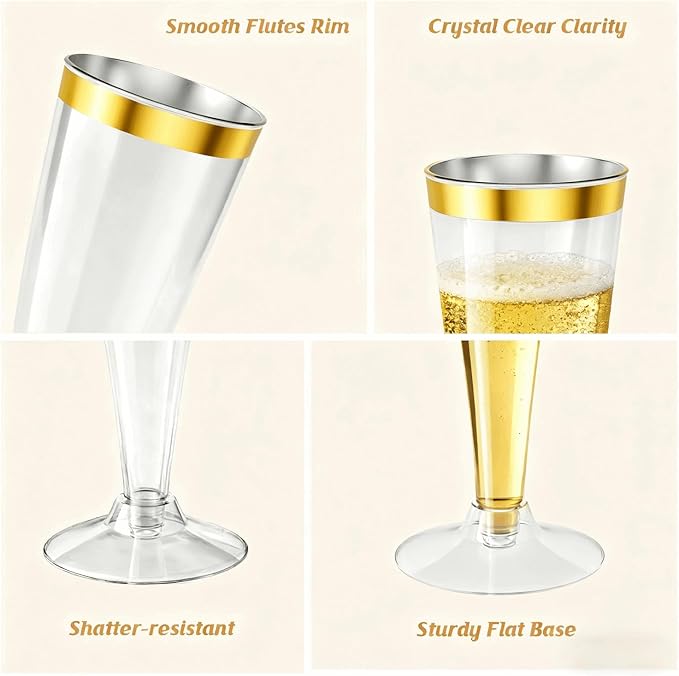 200 Pack Champagne Flutes Plastic Wine Glasses Disposable, 4.5 Oz Gold Rim Mimosa Glasses for 2025 Engagement Wedding Birthday New Years Eve Xmas Party Supplies, Bulk Toasting Cocktail Cups
