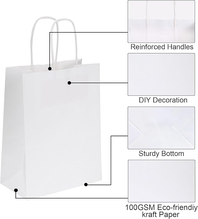 Joybe 300 Pack 6x3.25x8 Inch Small White Paper Bags with Handles Bulk, Kraft Paper Gift Bags for Birthday Party Favors Grocery Retail Shopping Business Goody Merchandise Craft Blank Sacks (300pcs)
