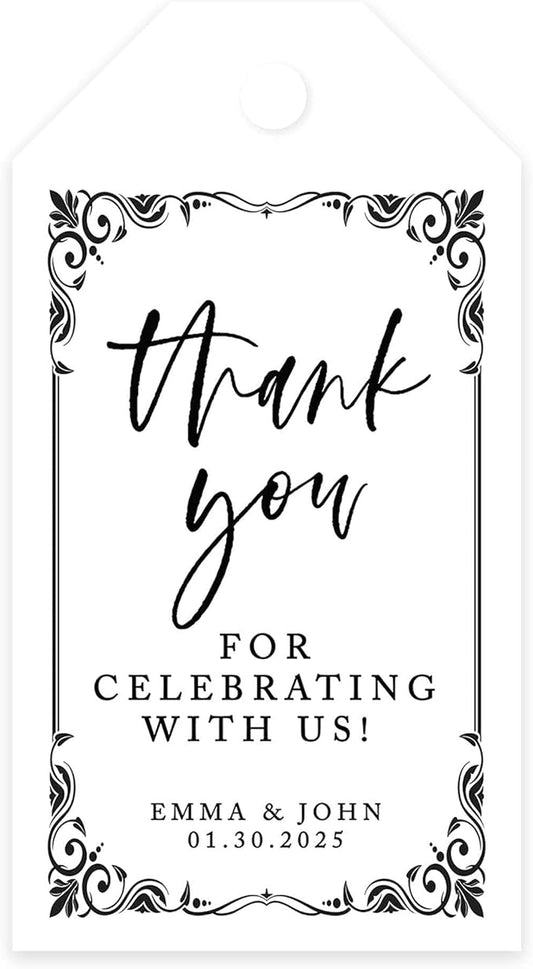 Andaz Press 100-Pack Personalized Thank You Tags with Bakers Twine Art Deco Custom Cardstock Gift Tags for Wedding Party Favors 2 x 3.75-Inches