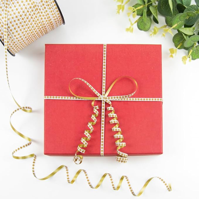 Square Pattern Glitter Curling Ribbon, 1/5" Wide x 500 Yards Christmas Curling Ribbons for Gift Wrapping, Party Decoration, Balloon String, Crafting, Balloon Ribbons for Florist Flower (1 Roll)