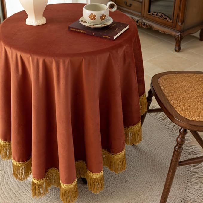 F-CHU Luxury Burnt Orange Tablecloth Thickset Velvet Tablecloth with Beautiful Gold Vintage Tassels Table Cloth for Home Decor Wedding, Party, Banquet and Events 48" Round