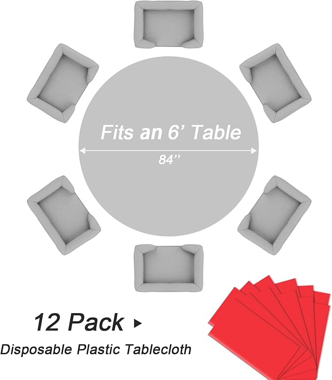 QIKSION Red Round Tablecloth 12 Pack, 84 Inch Plastic Table Cover Disposable for Parties