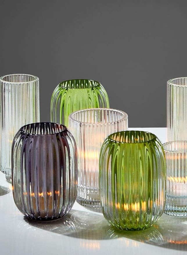 Serene Spaces Living Green Optical Glass Votive Holder, Perfect for Weddings and Home Décor, Measures 5" Tall and 3.5" Diameter, Set of 12