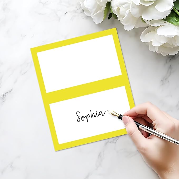 25 Pack Yellow Border Place Cards, Editable Name Cards for Table Setting, Tent Cards Food Label for Dinner Party, Bridal Shower, Wedding, Baby Shower and Events -T26