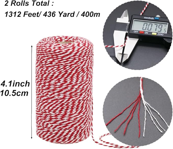 HRX Package Red and White Cotton Twine 656 Feet x 2 Roll, Durable Bakers Twine, Gift Wrapping String, Arts Craft