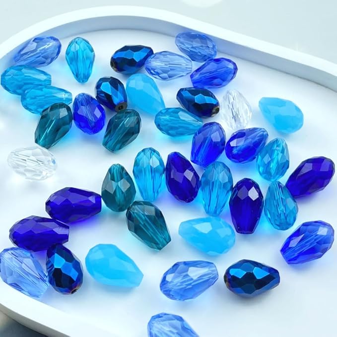 110pcs 6x8mm Teardrop Crystal Glass Beads Vertical Hole Faceted Loose Spacer Beads for DIY Craft Jewelry Making Necklace Bracelet Earring Wind Chimes(Blue Series)