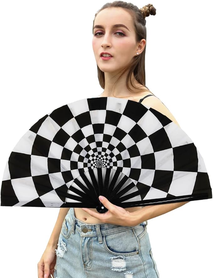 Amajiji Large Folding Hand Rave Fan Popping Fan for Line Dancing Clacking Fans for Boots On The Ground Dance,Party,Decoration,Festival (Speed Checkered)