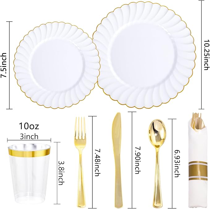YOUBET 350PCS Gold Scalloped Plastic Plates - White and Gold Disposable Dinnerware Set Include 100 Plates, 150 Gold Silverware, 50 Cups, 50 Napkins for Wedding & Party & Thanksgiving