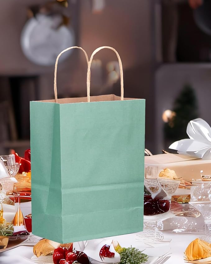 qiqee 100PCS Gift Bag with Handles Bulk Kraft Light Blue Paper Bags Multiple Uses (13''x5 x10 inch Large Size)