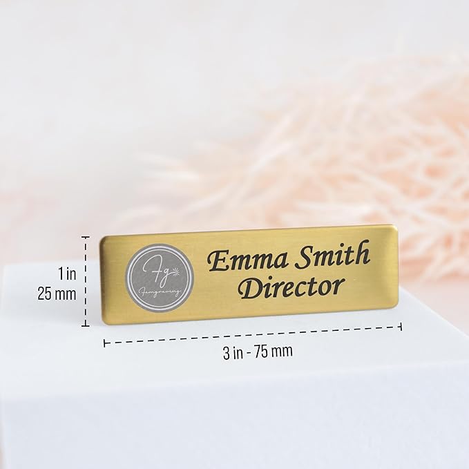 Personalized Name Tag Badges Identification Customized with Text & Logos, Acrylic Name ID for Clothing with Pin or Magnetic Backing, Gold & Silver Plates for Business or Employees