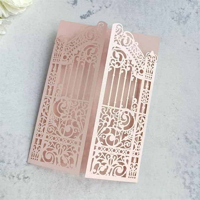 MillaSaw Soft Pink Laser Cut Gate Invitation for Wedding Bridal Shower Birthday Quinceanera Invitation 25 Sets (soft pink, 4.9"x7.1")