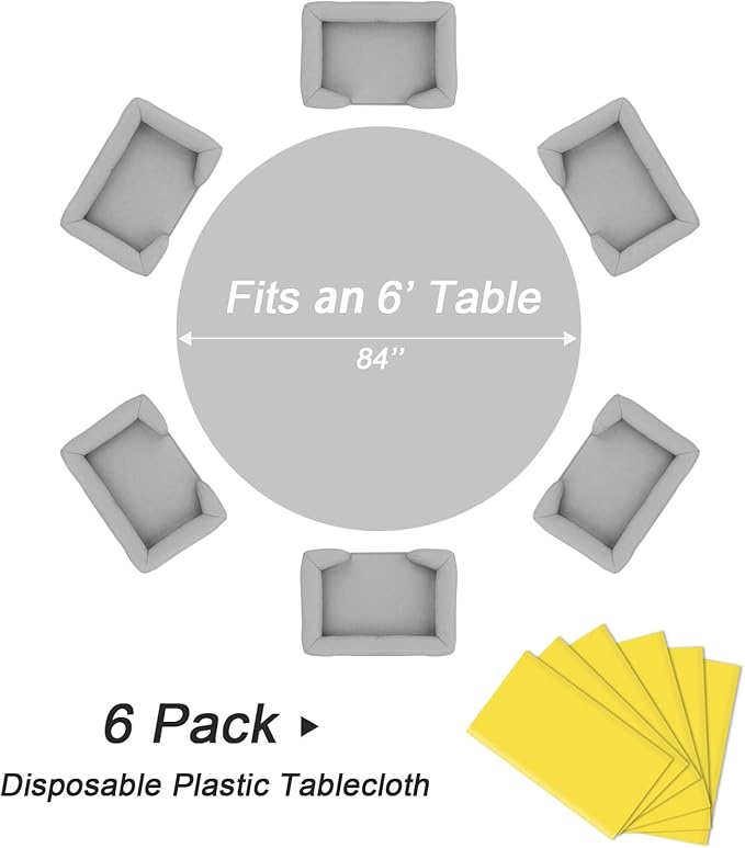 QIKSION Yellow Round Tablecloth 6 Pack, 84 Inch Plastic Table Cover Disposable for Parties