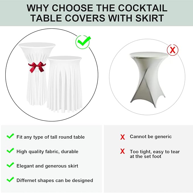 Cocktail Table Covers - 2 Pack 32"x 43" White Cocktail Table Tablecloth with Natural Wavy Round Skirt for Bar Wedding Party Banquet