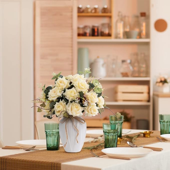 LESING Artificial Rose with Vase,Fake Silk Flowers Bouquets in Vase Table Centerpiece Arrangement for Kitchen Living Room (Champange)