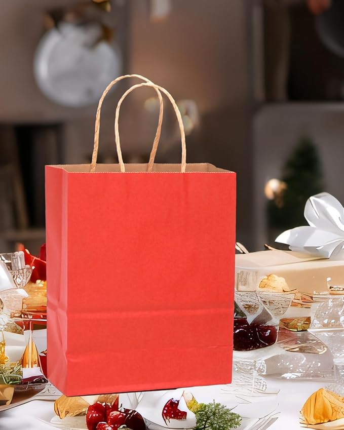 qiqee 100PCS Gift Bag with Handles Bulk Kraft Red Paper Bags Multiple Uses (13''x5 x10 inch Large Size)