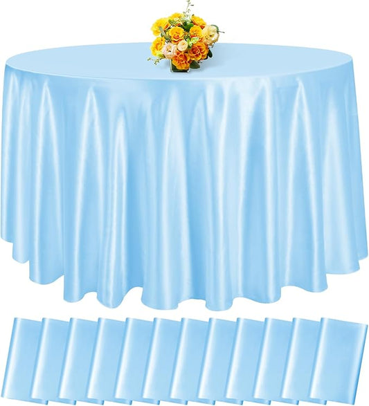 fani 12 Pack 120 Inch Light Blue Satin Tablecloth - Silky Round Tablecloth Overlay Smooth Fabric Table Cover, Bright Table Decoration for Wedding Party Banquet Events Restaurant Kitchen Dining