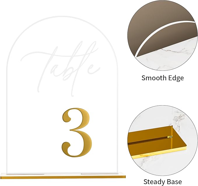 Arch Wedding Table Numbers 1-15 w/Stand, Gold 3D Table Numbers for Reception - 5.5" X 7" Elegant Acrylic Arch Sign with Holder, Perfect for Wedding, Anniversary, Banquet, and Event Decor