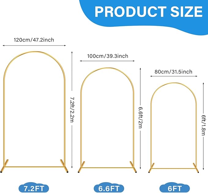 Heavy Duty Metal Arch Backdrop Stand, 7.2FT, 6.6FT, 6FT Set of 3 Gold Arch Stand with Ground Stakes and Water Bags, Balloon Arch Stand for Wedding Party Baby Shower Photo Flower Arch Decration