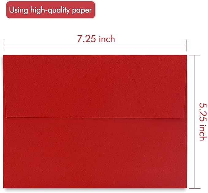 A7 Red Invitation 5x7 Envelopes 100 Pack- Self Seal, Square Flap,Perfect for 5x7 Cards, Weddings, Birthday, invitations, Graduation, Baby Shower, 5.25 x 7.25 Inches, 100 Pack, (Red)
