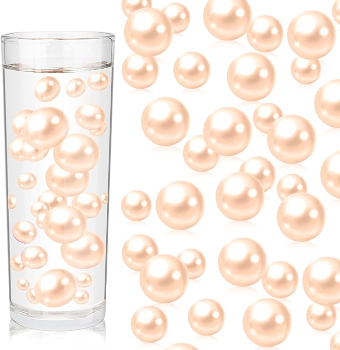 100PCS Light Champagne Faux Pearls Beads for Centerpiece Vases, Vase Filler Faux Pearls, No Holes Filler Beads for Party Anniversary Birthday Wedding Table Decor, 14/20/30mm