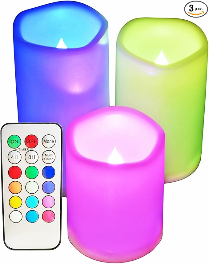 SWEETIME 3 Color Changing Led Pillar Candles with Controller and Timer - 3x4 3x5 3x6 Multi Colored Flickering Outdoor Waterproof Flameless Candles Battery Operated,Weatherproof Candles.