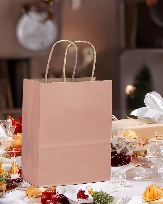 qiqee 100PCS Gift Bag with Handles Bulk Kraft Dusty Pink Paper Bags Multiple Uses (13"x10.3"x4.6"- Large Size)