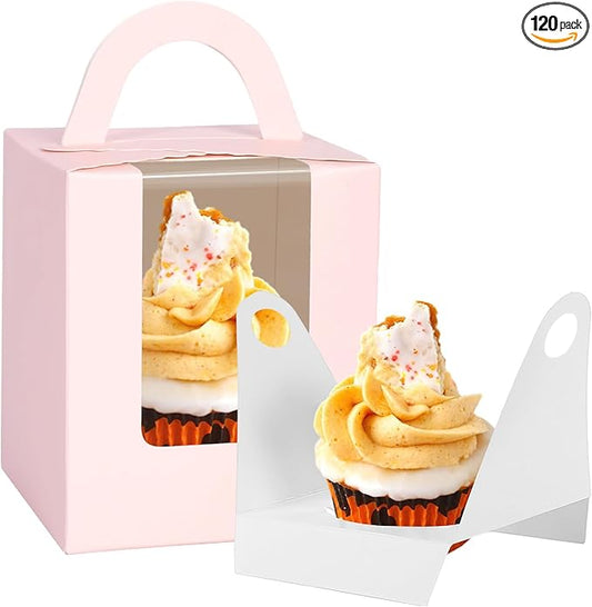 JCD Cupcake Boxes Carriers, 120pcs Pink Single Individual Cupcakes Box Holders Containers,3.7 * 3.7 * 4.3inch Cupcake Container Pastry with Insert Window & Handle for Parties (Pink/120Pcs)