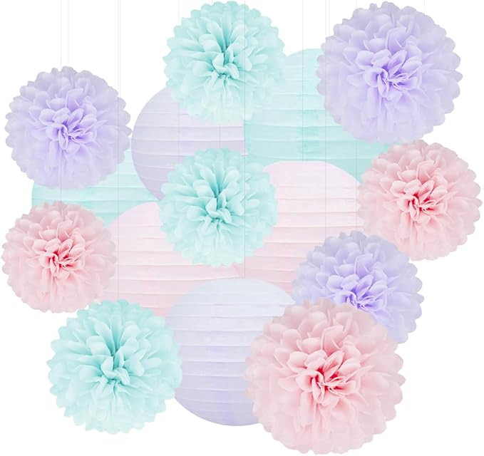 Blue Pink Purple Party Decorations - 15Pcs Tissue Pom Poms Paper Flowers Paper Lanterns Mermaid Birthday Party Baby Shower Lavender Wedding Hanging Decor