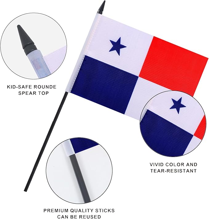 Panama Desk Flag 12" Solid Pole Deluxe Set Panamanian Flags Banner Mini Small Panama Office Table Flags with Black Stand Base Desktop Decorations(2Pack)