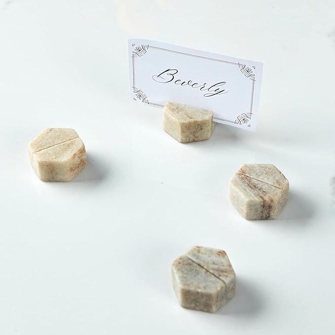 Marble Hexagon Place Card Holders, Exquisite Marble Photo Display Stands, 4 Piece Handmade Creative Card Stands, Multi-Use Place Sign Holders for Event Decor,Dinner Party and Wedding