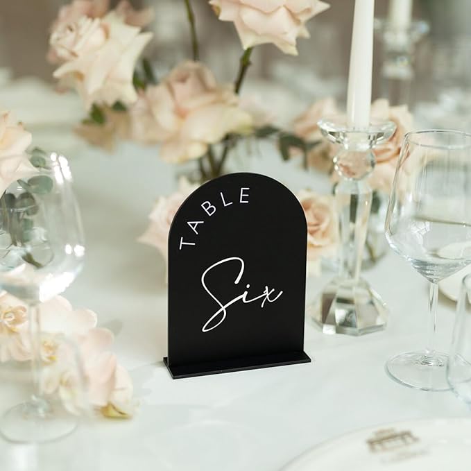 Black Arch Wedding Table Numbers 1-25 with Stands, 5x7 Inch Black Acrylic Arch Sign with Holder, Arched Acrylic Table Numbers for Wedding Reception