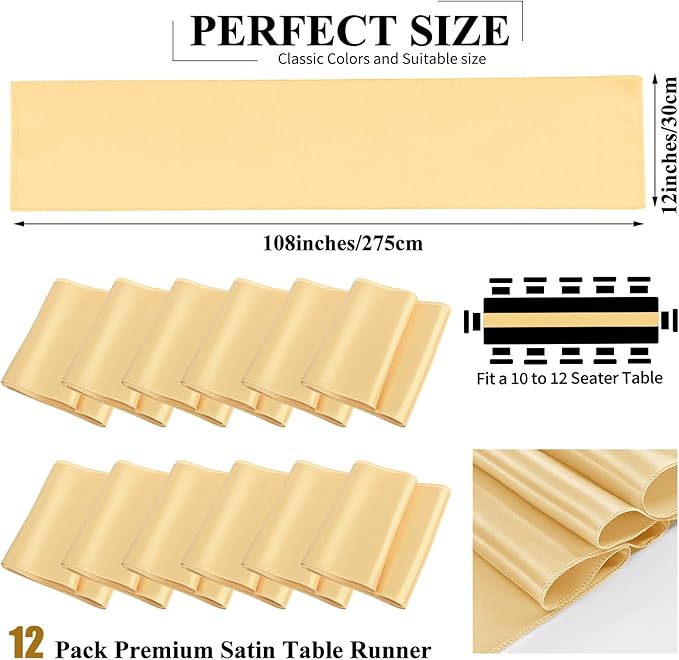 12 Pack Champagne Gold Satin Table Runner,12 x 108 inch Long Premium Smooth Table Runner for Wedding,Banquets,Birthday,Party,Graduation,Engagements,Table Runners fit Rectangle and Round Table