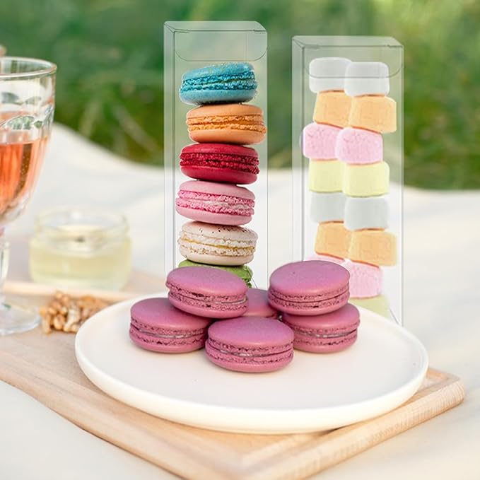 50 PCS Clear Favor Boxes, Macaron Gift Boxes with Inserts, Truffle Boxes, Clear Candy Boxes for Christmas, Wedding, Baby Birthday Party, 6.3"x1.5"x1.4"