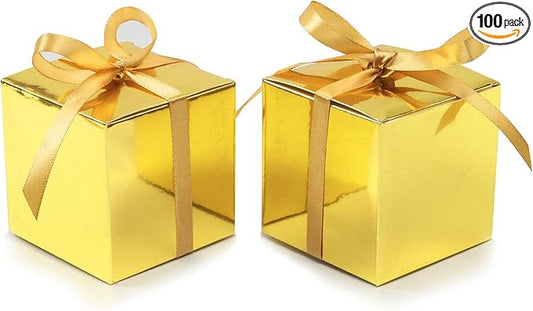 COTOPHER 100pcs Small Gift Boxes, Favor Boxes 2x2x2 inches Paper Gift Boxes with Ribbons Candy Box for Wedding Favors Baby Shower Bridal Shower Birthday Party (100pcs 2x2x2, Gold)