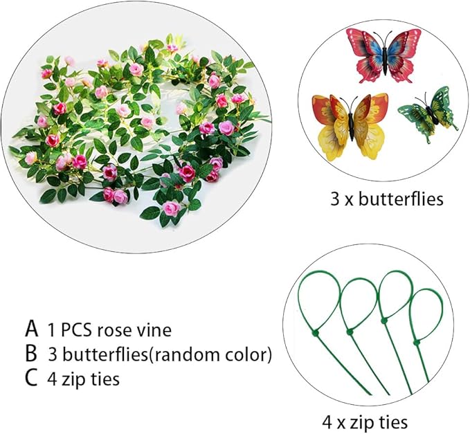 6FT Bendable Rose Vine with Butterflies, Wildflower Garland Hanging Floral Garland for Wall Decor Trellis Fence Home Room Decoration (Pink, 1pc)