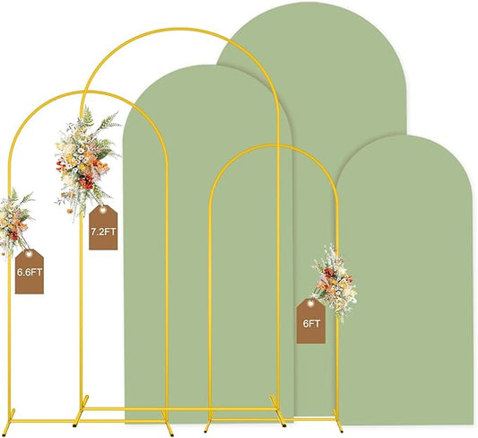 MODFUNS Metal Arch Backdrop Stand and Cover Set 6&6.6&7.2ft Sage Green Arch Backdrop Covers Gold Wedding Arch Stand Set of 3 Spandex Arched Covers for Party Birthday Banquet Wedding Decoration