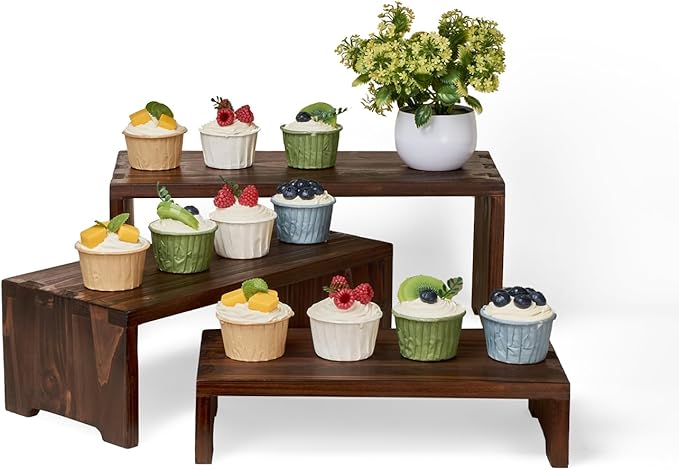 Set of 3 Wooden Rustic Cupcake Stand for 24 Cupcakes, Stepped Wood Display Stand for Weddings, Tiered Party Buffet Table Display Nesting Riser for Food , Dessert, Cookie, Craft Show, Brown