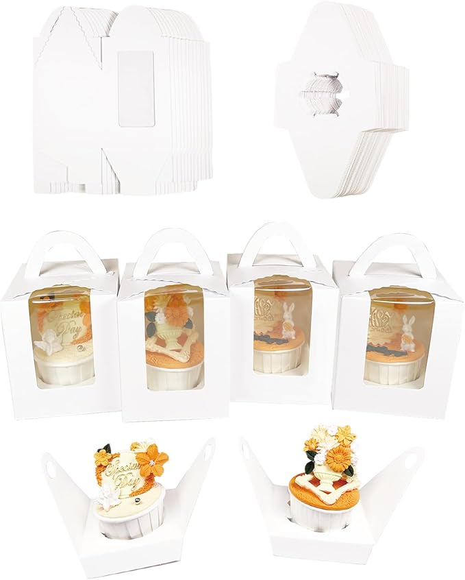 Bakepacker Auto-pop up Individual Cupcake Boxes with Window 25 Count White Single Cupcakes Box 3.6 x 3.6 x 4.3inch Cupcake Carrier