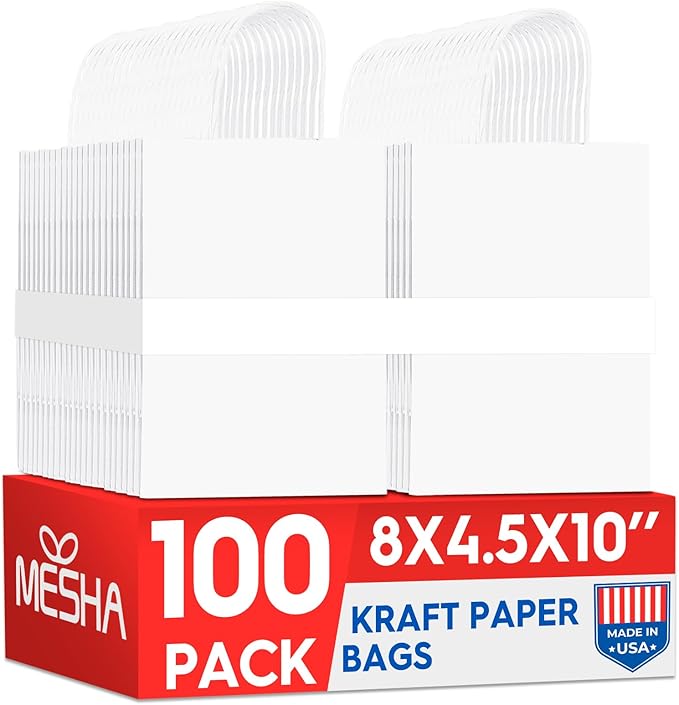 MESHA 100 Pack White Gift Bags 8x4.25x10.5 Inch Kraft Paper Bags with Handles Bulk Craft Bag Medium Size for Wending Birthday Party Favor Retail Merchandise Bag