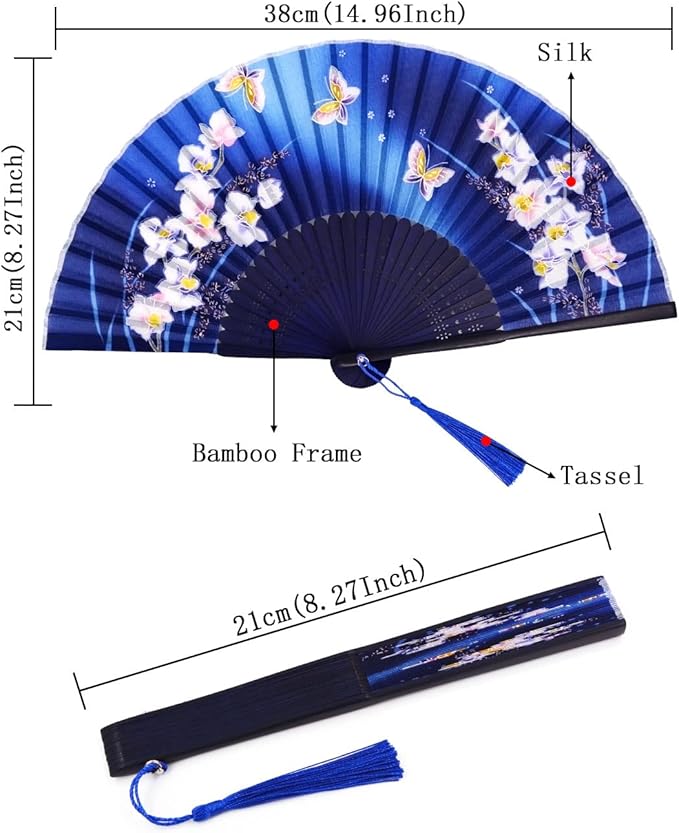 Amajiji Folding Hand Fan for Women, Chinese Japanese Vintage Style Bamboo Silk Hand Held Folding Fans for Party Wedding Dancing Decoration Gift Performance (AM-16)