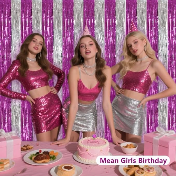 BEISHIDA Hot Pink Silver Door Streamers Backdrop Foil Fringe Tinsel Party Streamers Curtains Photo Backdrop - 2Pcs for Girl Birthday Valentines Graduation Bachelorette Party Decoations