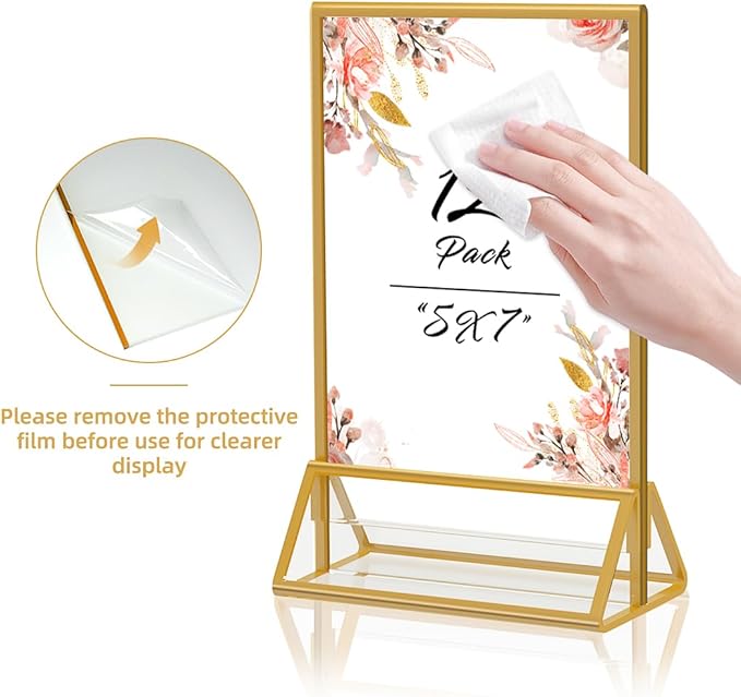 Gold Frames 5x7 Acrylic Sign Holder Double Sided Picture Frames for Wedding Table Number Menu Flyer Display for Office Home Party- Pack of 12