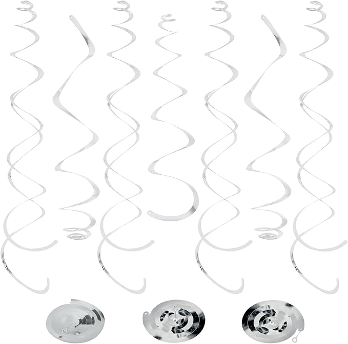 24 PCS Silver Foil Hanging Swirl, Sparkle Ceiling Hanging Decorations, Plastic Streamer Party Decorations, Swirl Decorations with Double-Swirls and Single-Swirls for Birthday, Baby Shower, New Years