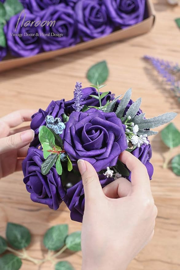 Floroom Artificial Flowers 25pcs Real Looking Dark Purple Foam Fake Roses with Stems for DIY Wedding Bouquets Bridal Shower Centerpieces Floral Arrangements Party Tables Home Decorations