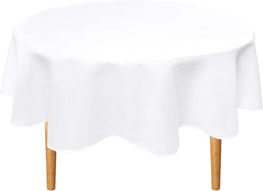 Hiasan Round Linen Tablecloth 60 Inch - Wrinkle and Stain Resistant Washable Polyester Fabric Table Cloth for Dining Room Kitchen Party, White