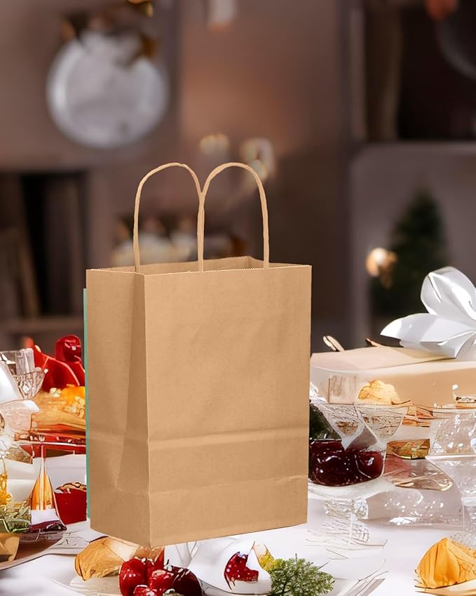 qiqee 50-Packs Brown Paper Gift Bags with Handles Bulk 8.3"x3"x 6" Small Size Paper Bags Multiple Uses(Small Size)