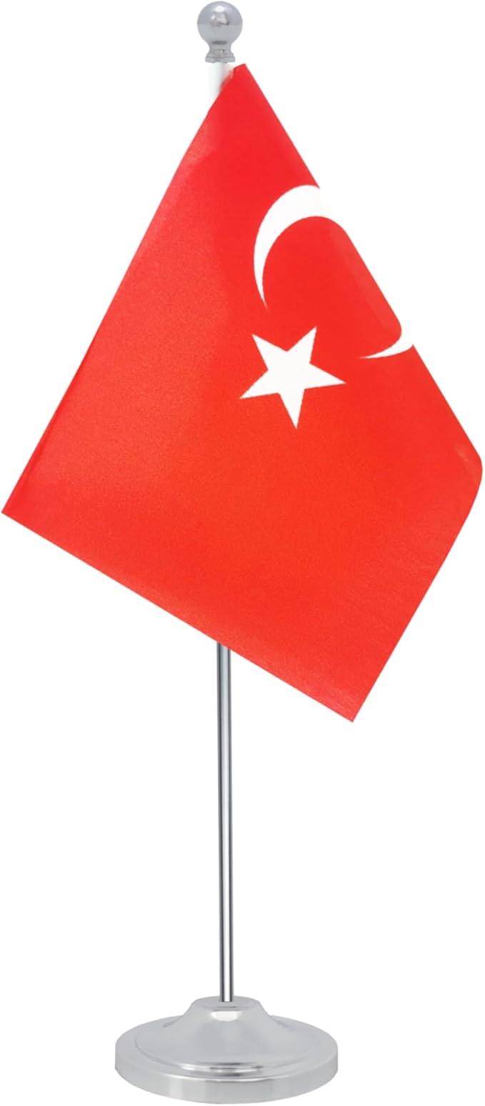 Turkey Desk Flag, Turkish Table Office Flag with Metal Pole and Stand Base, International Country Flags, Festival Event Celebration, Classroom Meeting Desktop Decor (Turkey)