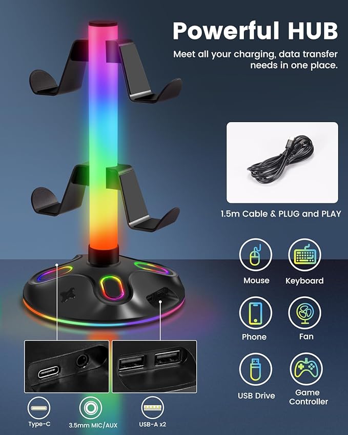 RGB Headphone Stand for Desk, Innovative Headset Stand with 9 Light Modes - Controller Holder with USB Charging and Type-c Port, Gamepad Earphone Accessories (Black)