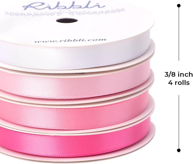 Ribbli Pink Satin Ribbon 3/8 Inch x 4 Rolls Total 40 Yards- White Pink Ribbon for Gift Wrapping Craft Wedding Decoration
